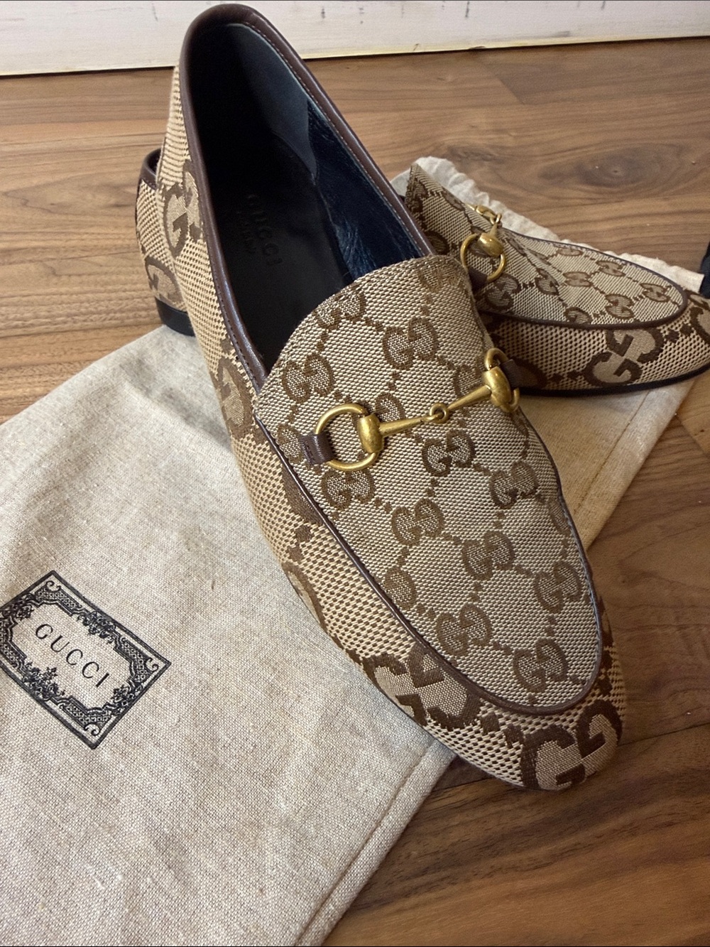 Gucci Beige/Brown GG Canvas Horsebit Slip-On Loafers